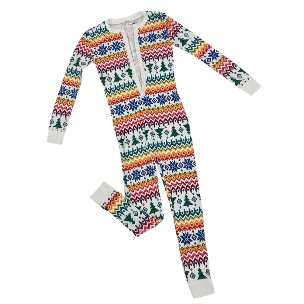 Old Navy One Piece Pajama White Fair Isle Button Up Holiday Loungwear